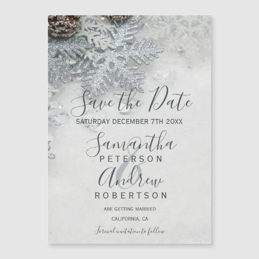 Silver Snowflake Winter Wedding Save the Date Magneteinladung (Vorderseite)