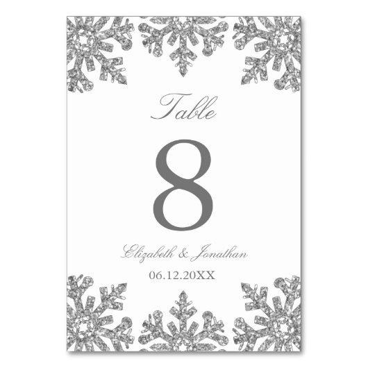 Silver Snowflake Winter Wedding Tischnummer Card (Vorderseite)