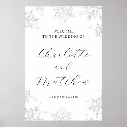 Silver Snowflake Winter Wedding Willkommenszeichen Poster (Vorne)