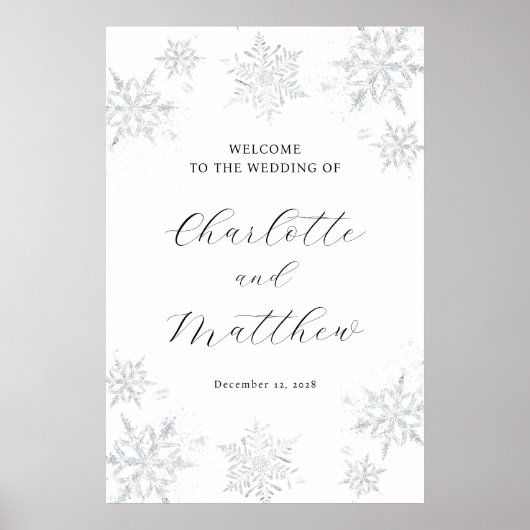 Silver Snowflake Winter Wedding Willkommenszeichen Poster (Vorne)