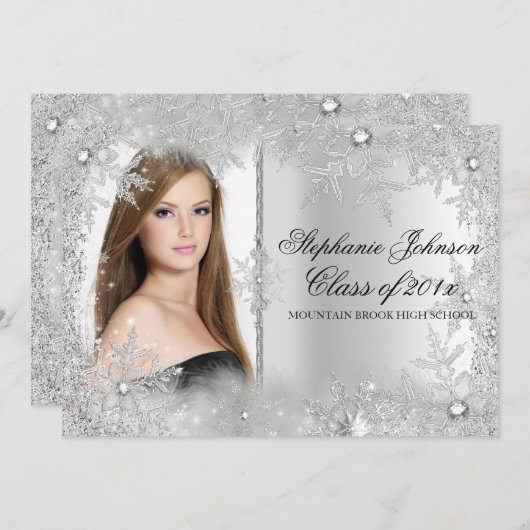 Silver Snowflake Winter Wonderland Abschluss Card Einladung (Vorne/Hinten)