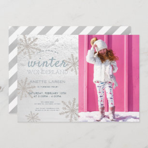 Silver Snowflake Winter Wonderland Foto Geburtstag Einladung