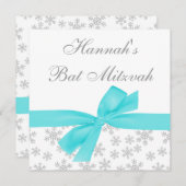 Silver Snowflakes Aquamarin Bow Bat Mitzvah Einladung (Vorne/Hinten)
