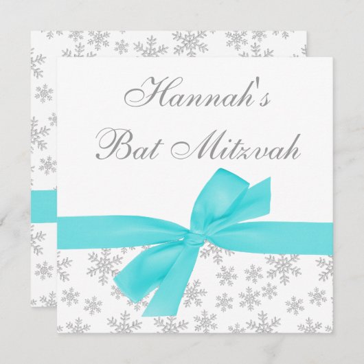 Silver Snowflakes Aquamarin Bow Bat Mitzvah Einladung (Vorne/Hinten)