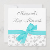 Silver Snowflakes Aquamarin Bow Bat Mitzvah Einladung (Vorderseite)