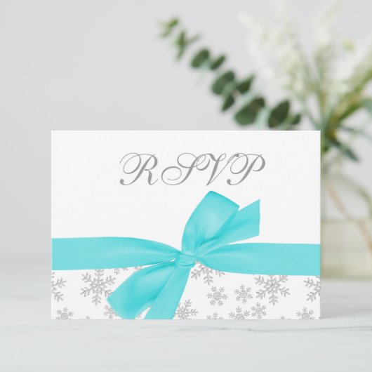 Silver Snowflakes Aquamarin Bow RSVP Card (Stehend Vorderseite)