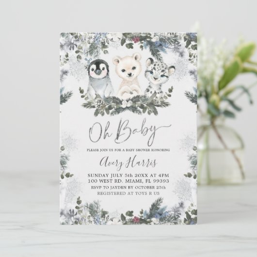 Silver Snowflakes Arctic Animal Winter Baby Dusche Einladung (Stehend Vorderseite)