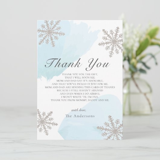Silver Snowflakes Blue Baby Dusche Danke Karte (Stehend Vorderseite)