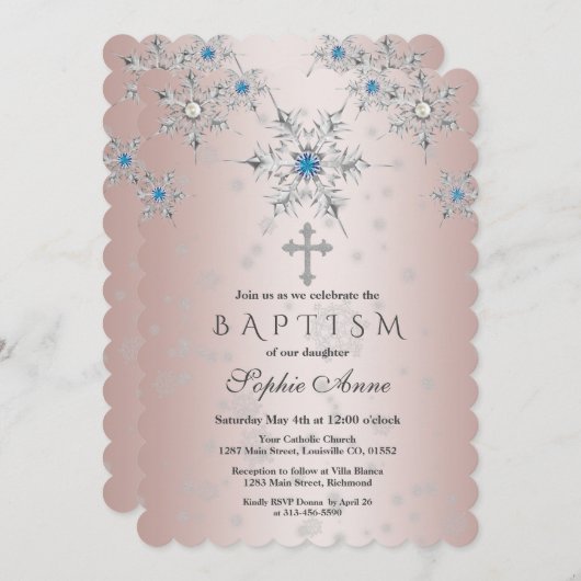 Silver Snowflakes Crystals Blue Pearl Pink Taufe Einladung (Vorne/Hinten)