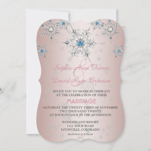 Silver Snowflakes Crystals Blue Pearl Pink Wedding Einladung (Vorderseite)
