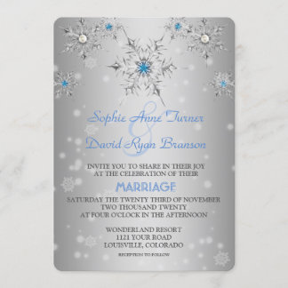 Silver Snowflakes Crystals Blue Pearls Hochzeit Einladung