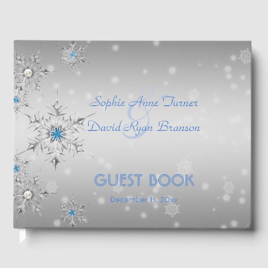 Silver Snowflakes Crystals Blue Pearls Hochzeit Gästebuch (Vorderseite)