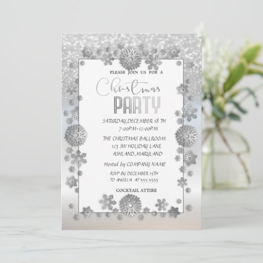 Silver Snowflakes Glitzer Unternehmen Weihnachten Einladung (Stehend Vorderseite)