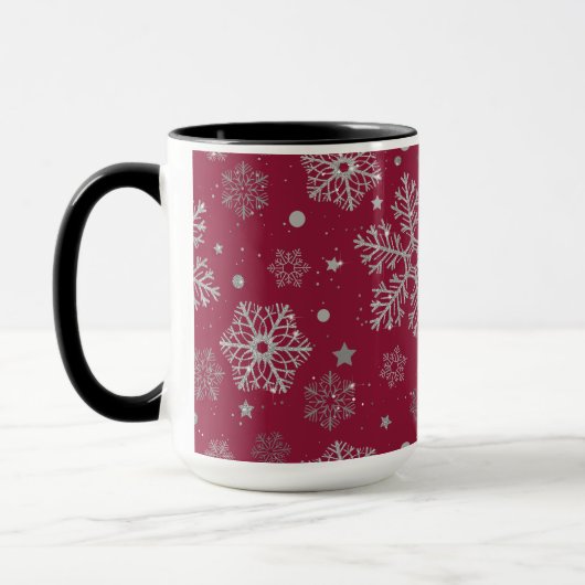 Silver snowflakes on dark red tasse (Links)
