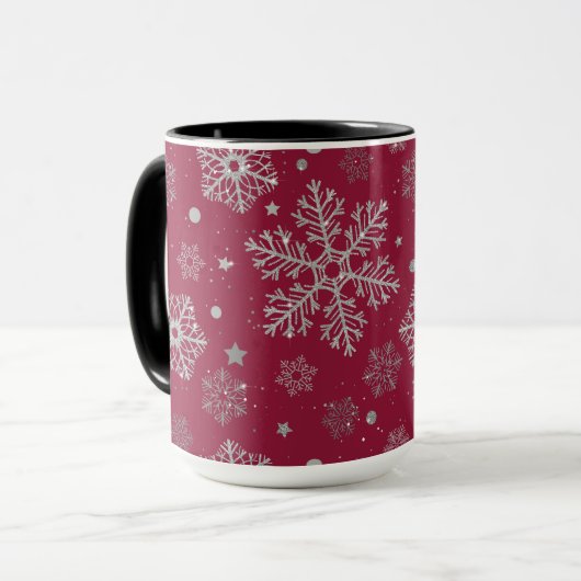 Silver snowflakes on dark red tasse (Vorderseite Links)