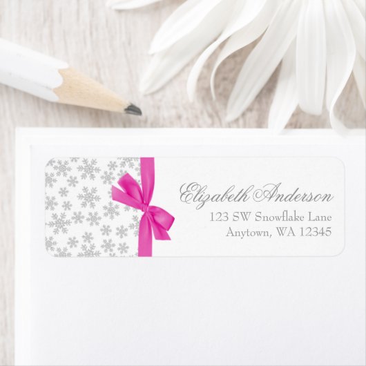 Silver Snowflakes Pink Bow Address Labels (Insitu)