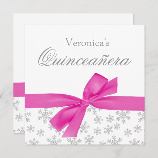 Silver Snowflakes Pink Bow Quinceanera Einladungen (Vorne/Hinten)