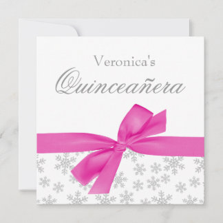 Silver Snowflakes Pink Bow Quinceanera Einladungen
