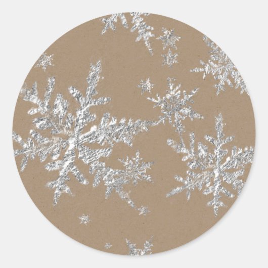 Silver Snowflakes Rustic Kraft Brown Runder Aufkleber (Vorderseite)
