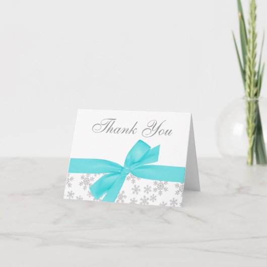Silver Snowflakes Teal Bow Thank You Dankeskarte (Vorderseite)