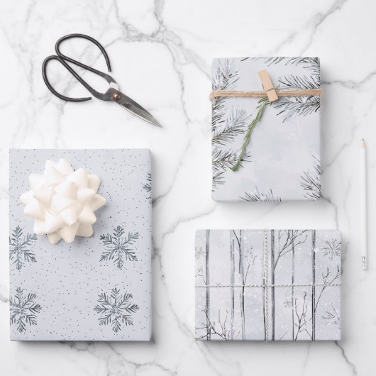 Silver Snowflakes Weihnachtsbaumzweige Geschenkpapier Set (Vorderseite)