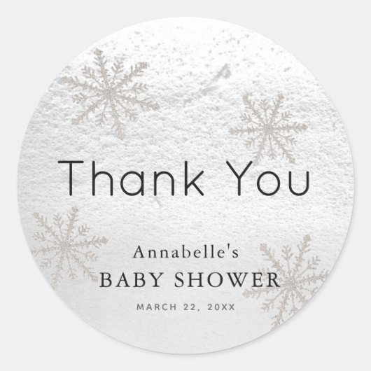 Silver Snowflakes White Snow Baby Dusche Danke Runder Aufkleber (Vorderseite)
