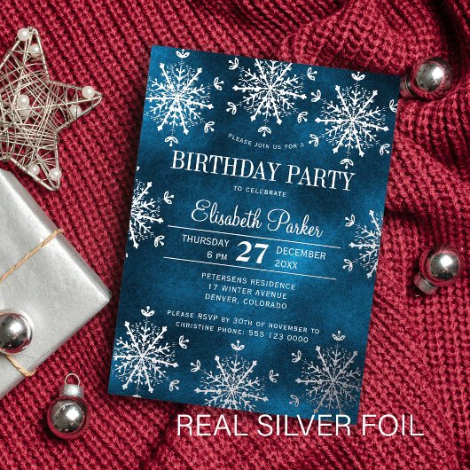 Silver snowflakes winter luxury birthday party folieneinladung