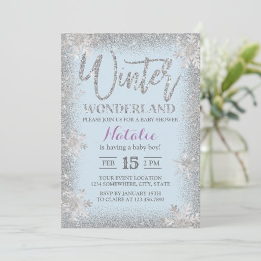 Silver Snowflakes Winter Wonderland Babydusche Einladung (Stehend Vorderseite)