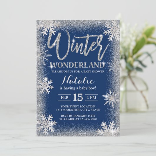 Silver Snowflakes Winter Wonderland Babydusche Einladung (Stehend Vorderseite)