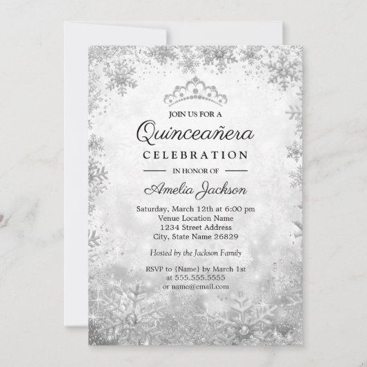 Silver Snowflakes Winter Wonderland Quinceanera Einladung (Vorderseite)