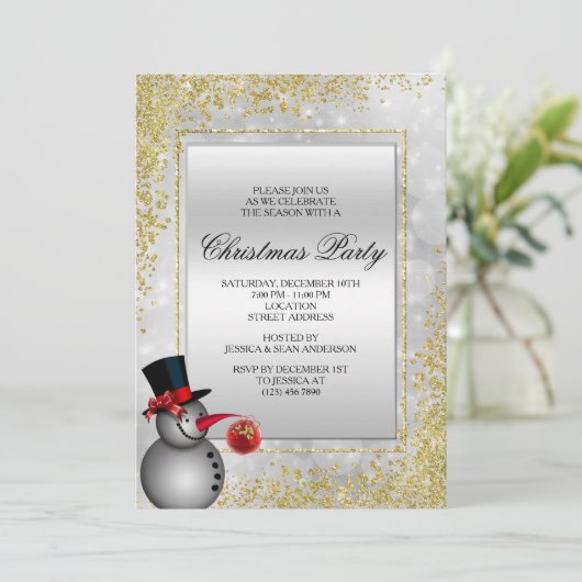 Silver Snowman & Gold Glitzer Weihnachten Einladung (Stehend Vorderseite)