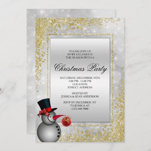 Silver Snowman & Gold Glitzer Weihnachten Einladung (Vorne/Hinten)
