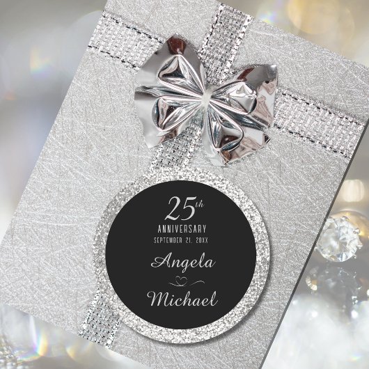 Silver Sparkle Black Stylish Glam zum 25-jährigen  Runder Aufkleber