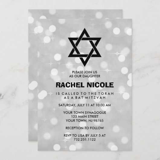 Silver Sparkle Bokeh Bat Mitzvah und Star von Davi Einladung (Vorne/Hinten)