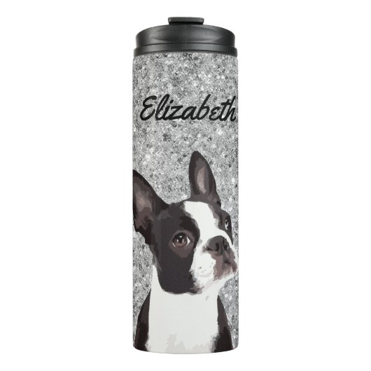 Silver Sparkle Boston Terrier Dog Tiername Thermosbecher (Vorderseite)