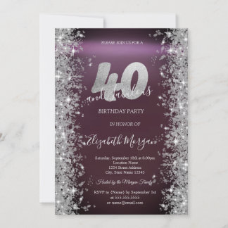 Silver Sparkle Diamonds Burgundy 40. Geburtstag Einladung