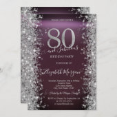 Silver Sparkle Diamonds Burgundy 80. Geburtstag Einladung (Vorne/Hinten)