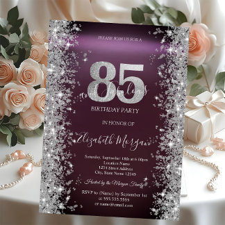 Silver Sparkle Diamonds Burgundy 85. Geburtstag Einladung