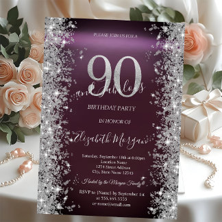 Silver Sparkle Diamonds Burgundy 90. Geburtstag Einladung