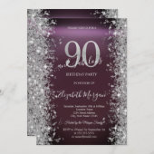 Silver Sparkle Diamonds Burgundy 90. Geburtstag Einladung (Vorne/Hinten)