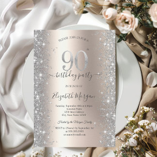 Silver Sparkle Diamonds Ivory 90. Geburtstagsparty Einladung