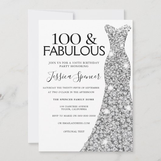 Silver Sparkle Dress 100 & Fabulous 100. Geburtsta Einladung (Vorderseite)