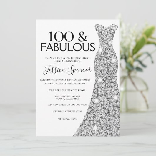 Silver Sparkle Dress 100 & Fabulous 100. Geburtsta Einladung (Stehend Vorderseite)