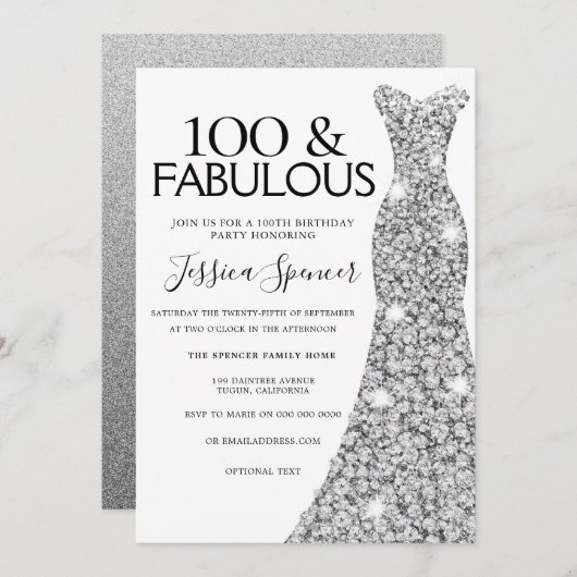 Silver Sparkle Dress 100 & Fabulous 100. Geburtsta Einladung (Vorne/Hinten)