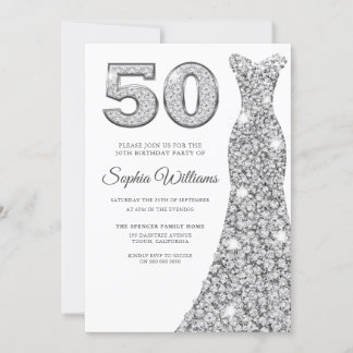 Silver Sparkle Dress Womans 50. Geburtstagsparty Einladung