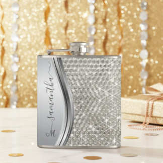 Silver Sparkle Glam Bling Personalisiert Metal Flachmann