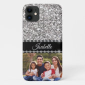 Silver Sparkle Glam Glitzer Foto Monogram Case-Mate iPhone Hülle (Rückseite)