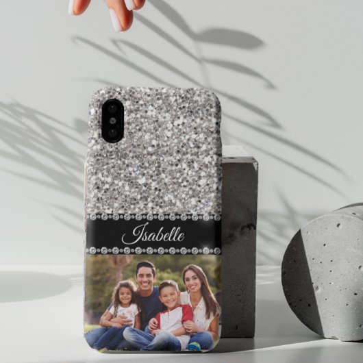 Silver Sparkle Glam Glitzer Foto Monogram Case-Mate iPhone Hülle