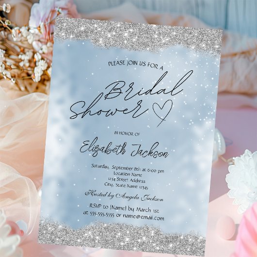 Silver Sparkle Glitter Blue Bridal Shower  Einladung