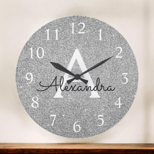 Silver Sparkle Glitter Monogram Name & Initial Große Wanduhr